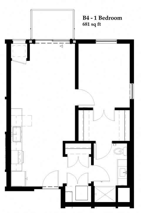 Floor plan for 1 bed, 1 bath, 681 sqft